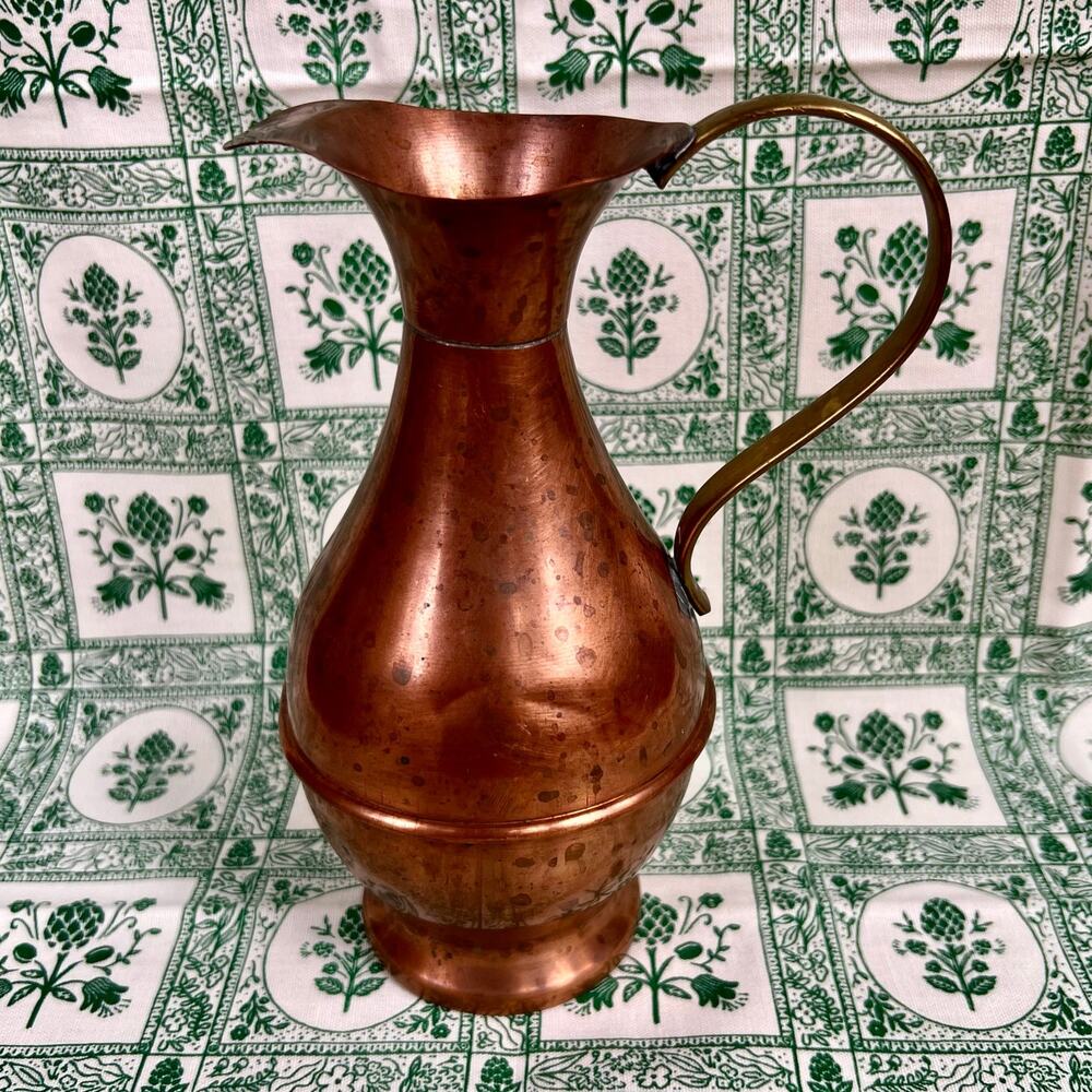 Vintage 50s Copper Pitcher Jug Brass‎ Handle Rustic Country Decor
